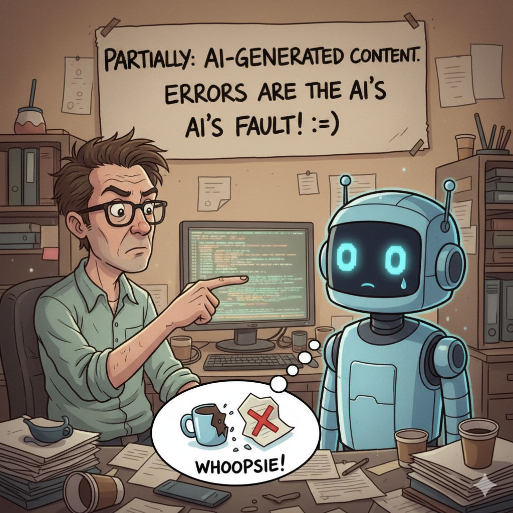 Cartoon shows a human and a roboter. The human finger points all errors to the robot.